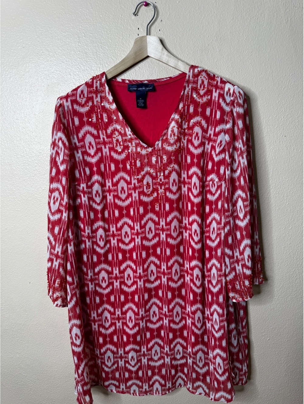 Susan Graver Women’s 1X Red White Ikat Beaded Tunic Blouse with Matching Tank